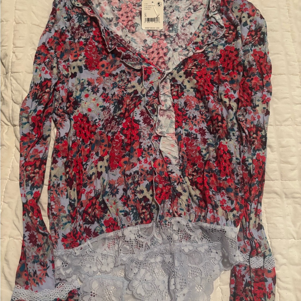 Free People Pink and Blue Floral Top